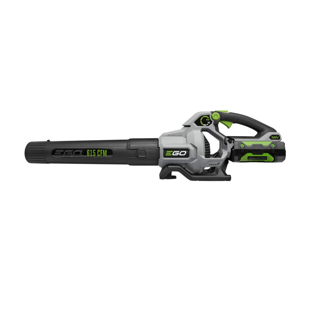 EGO POWER+ next to a rake for size comparison and faster cleanup benefit