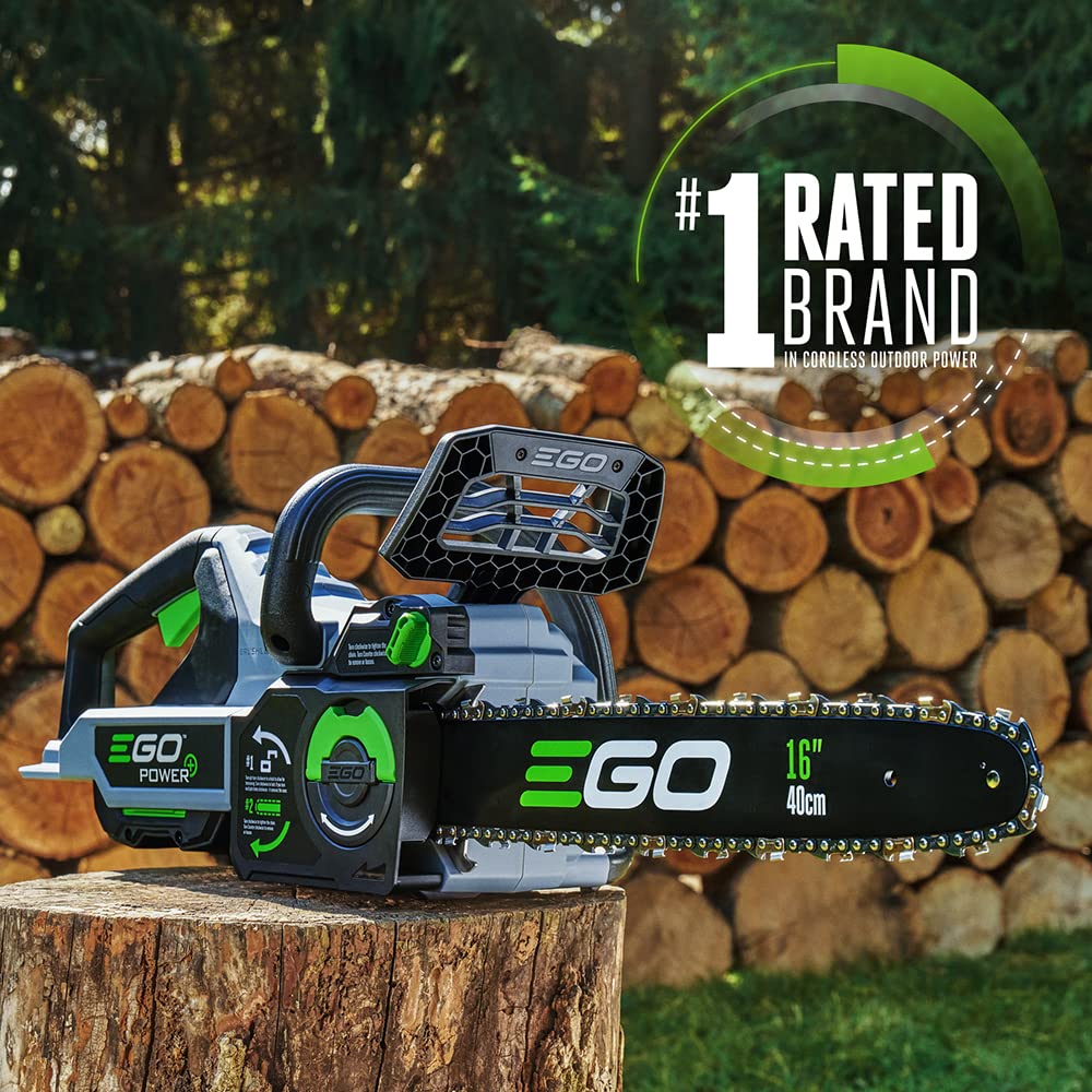 EGO Power+ close-up of 16-inch bar and chain demonstrating clean cutting capability