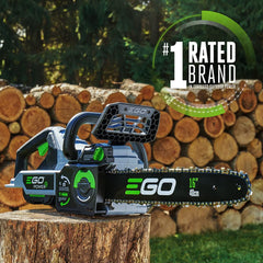 EGO Power+ close-up of 16-inch bar and chain demonstrating clean cutting capability