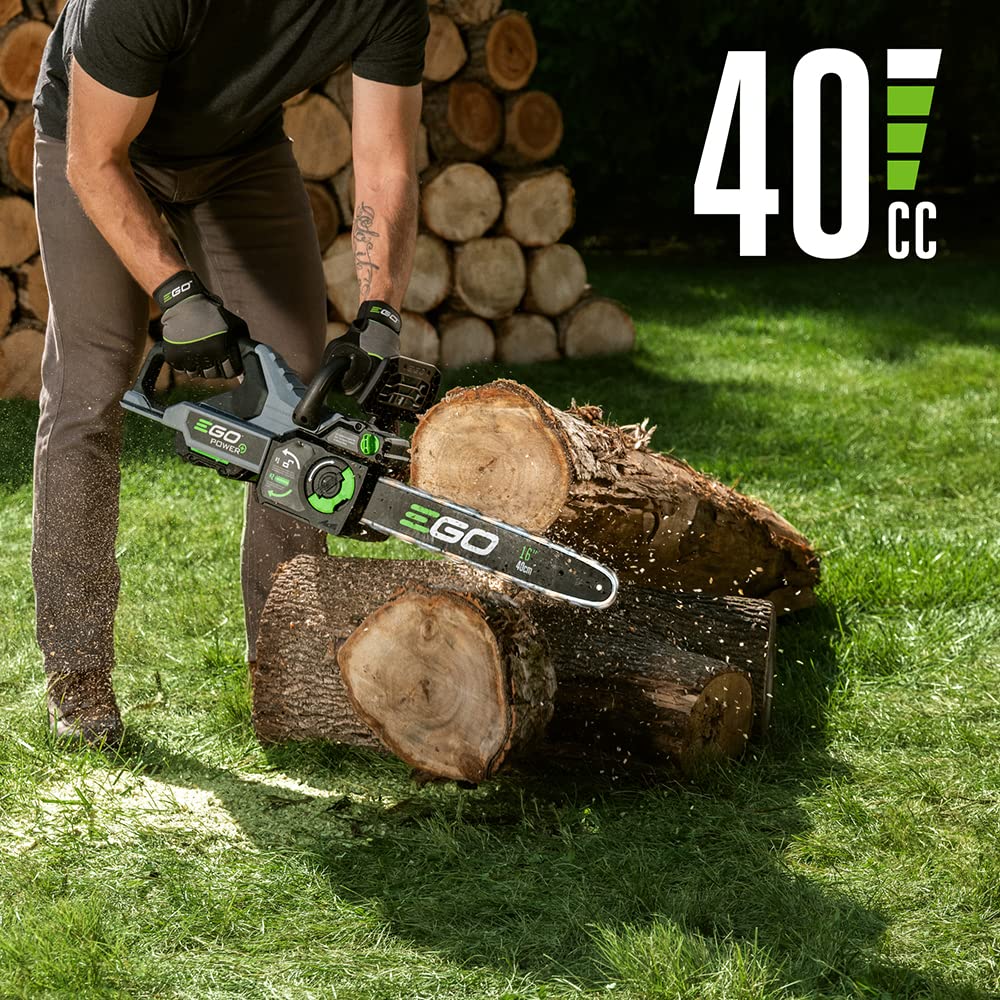 EGO Power+ cutting a log in use showing cordless power and fast, efficient cuts