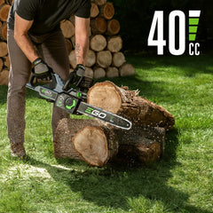 EGO Power+ cutting a log in use showing cordless power and fast, efficient cuts