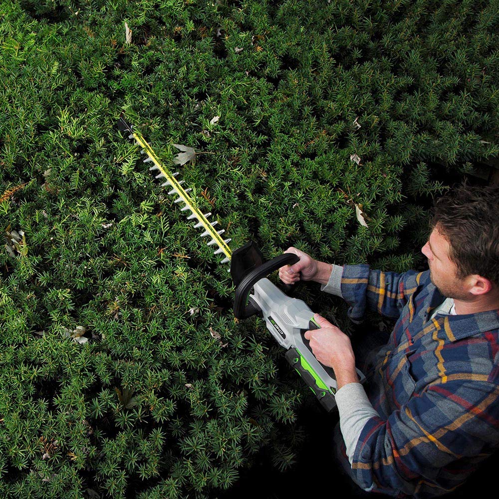 EGO Power+ HT2410 hardened steel blade close-up, demonstrates clean cutting edge