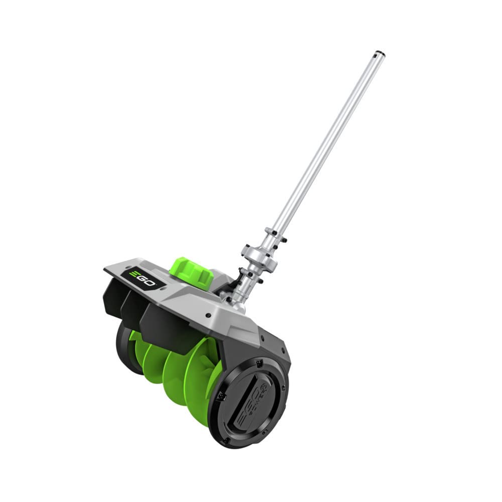 EGO Power+ front view of snow shovel attachment showing compact design and easy storage