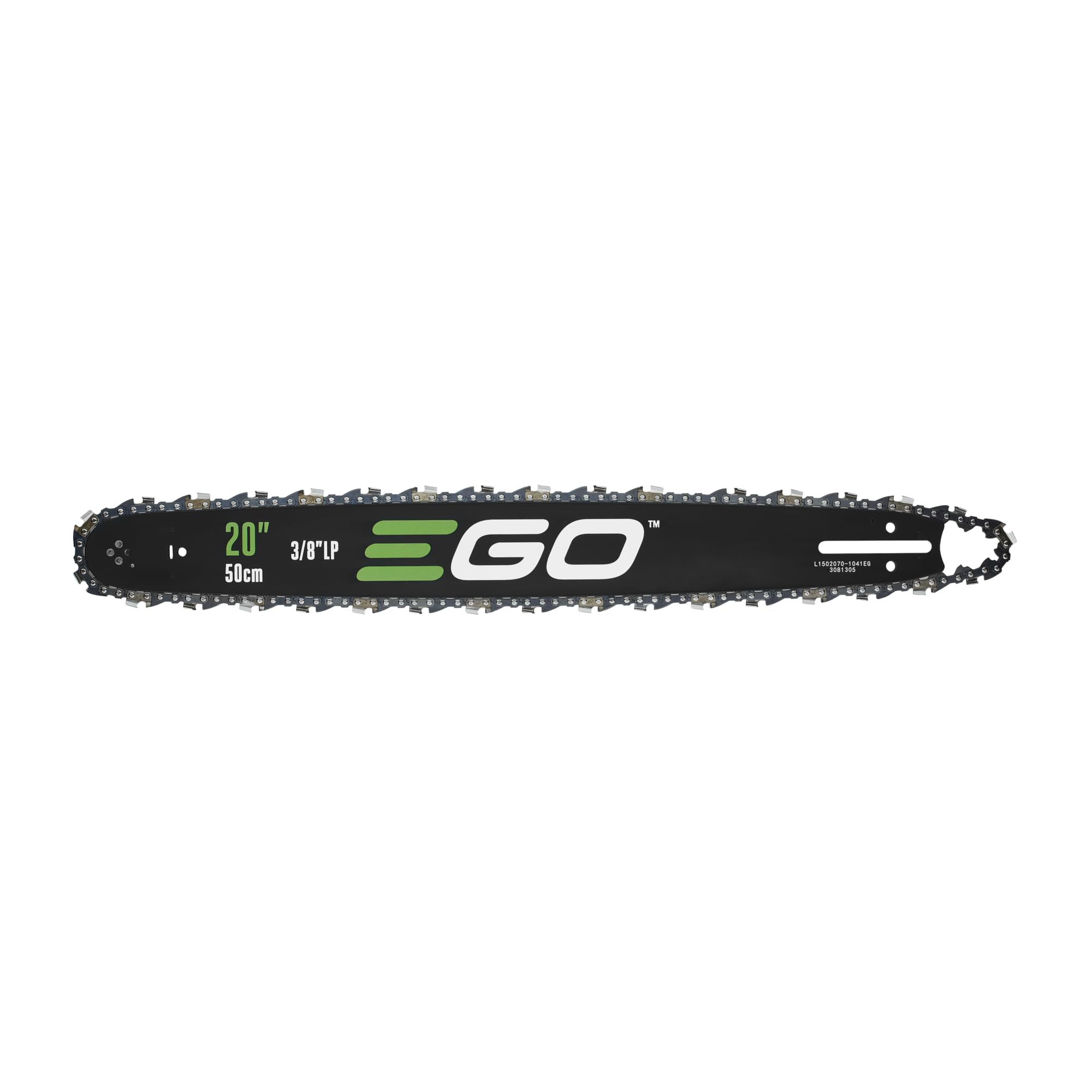 EGO Power+ 20-inch bar and chain front view showing durable cutting edge and compatibility