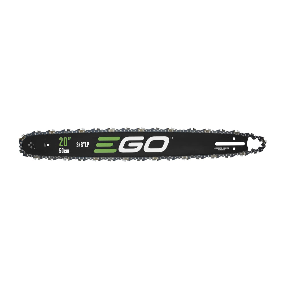 EGO Power+ 20-inch bar and chain front view showing durable cutting edge and compatibility