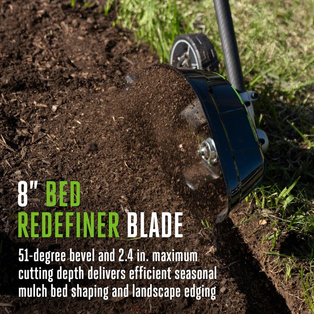 EGO Power+ bevel blade closeup showing 8-inch cutting edge for precise bed shaping