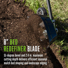 EGO Power+ bevel blade closeup showing 8-inch cutting edge for precise bed shaping