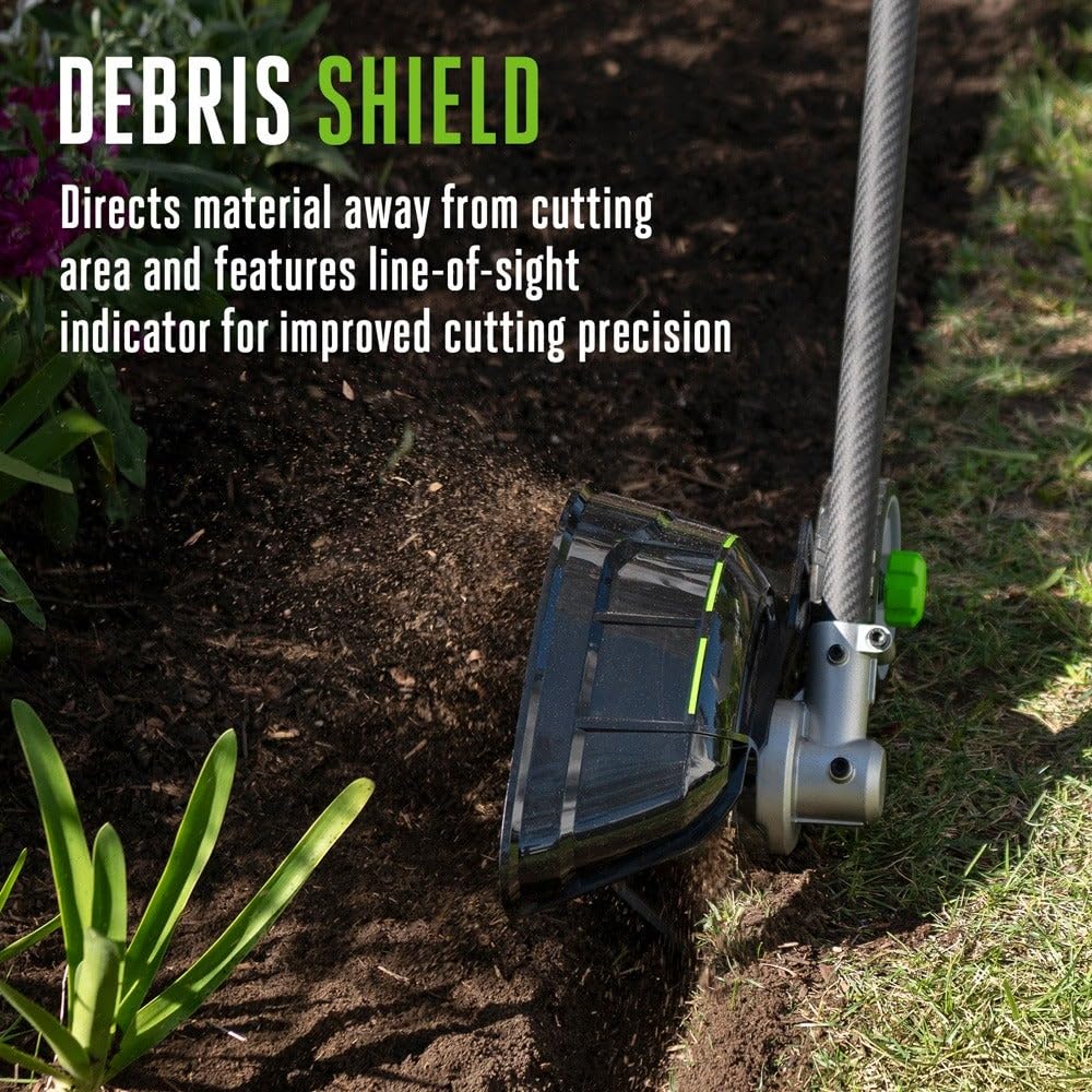 EGO Power+ debris shield and line-of-sight indicator keeping cuts visible and clean