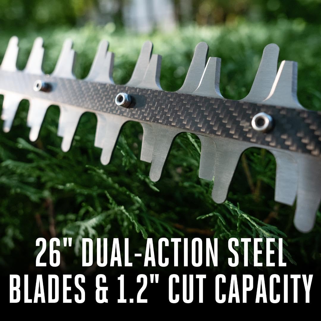 EGO Power+ blade closeup showing dual-action steel blades for clean, low-vibration cuts