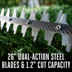 EGO Power+ blade closeup showing dual-action steel blades for clean, low-vibration cuts