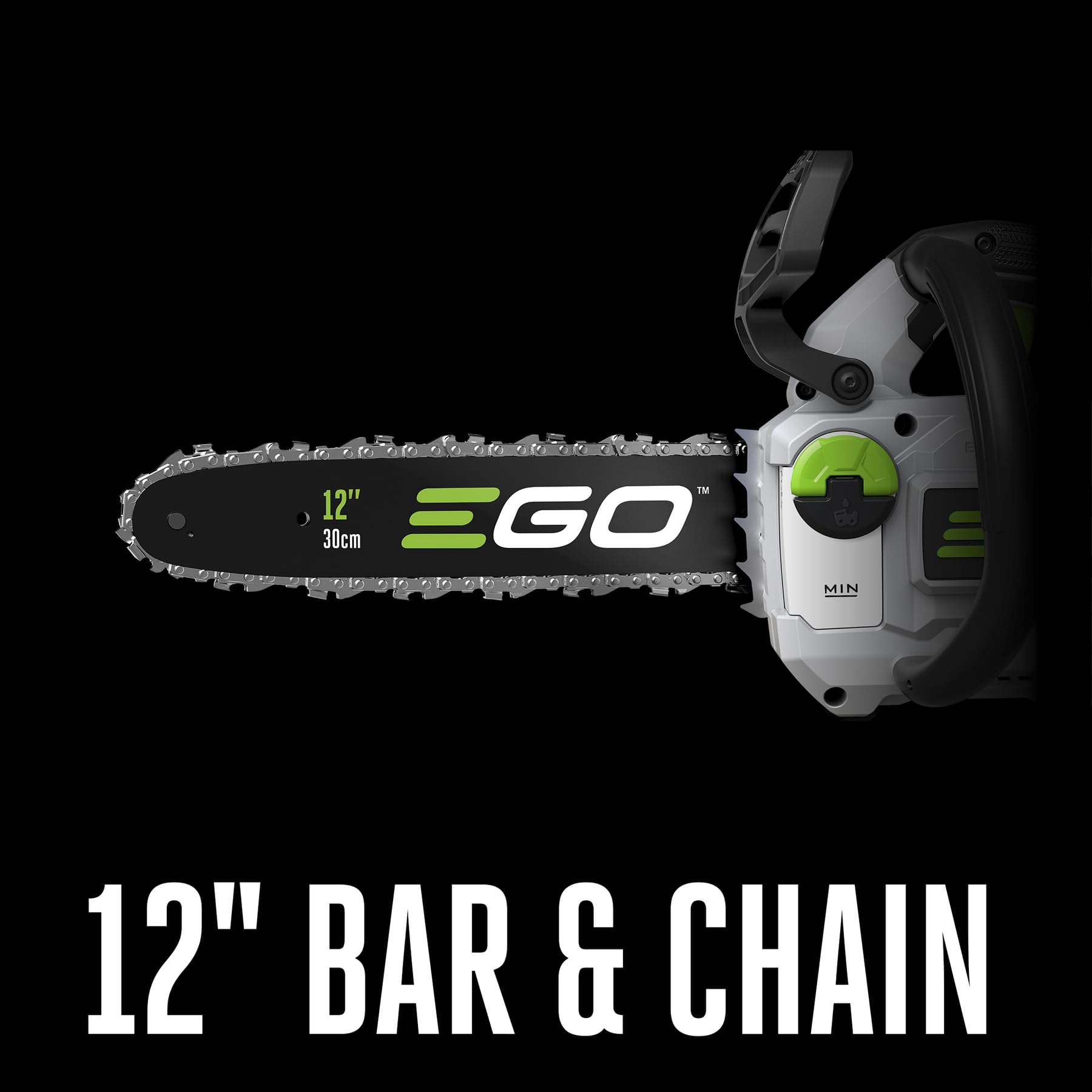 EGO Power+ close-up of 12-inch bar and chain showing sharp teeth for clean cuts
