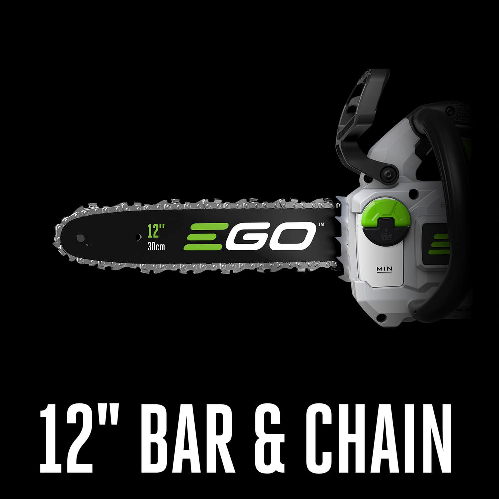 EGO Power+ close-up of 12-inch bar and chain showing sharp teeth for clean cuts