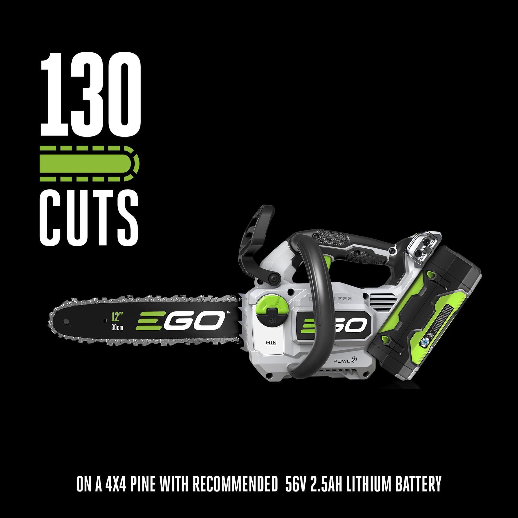 EGO Power+ 56V 2.5Ah battery and 210W charger displayed for quick recharge benefit