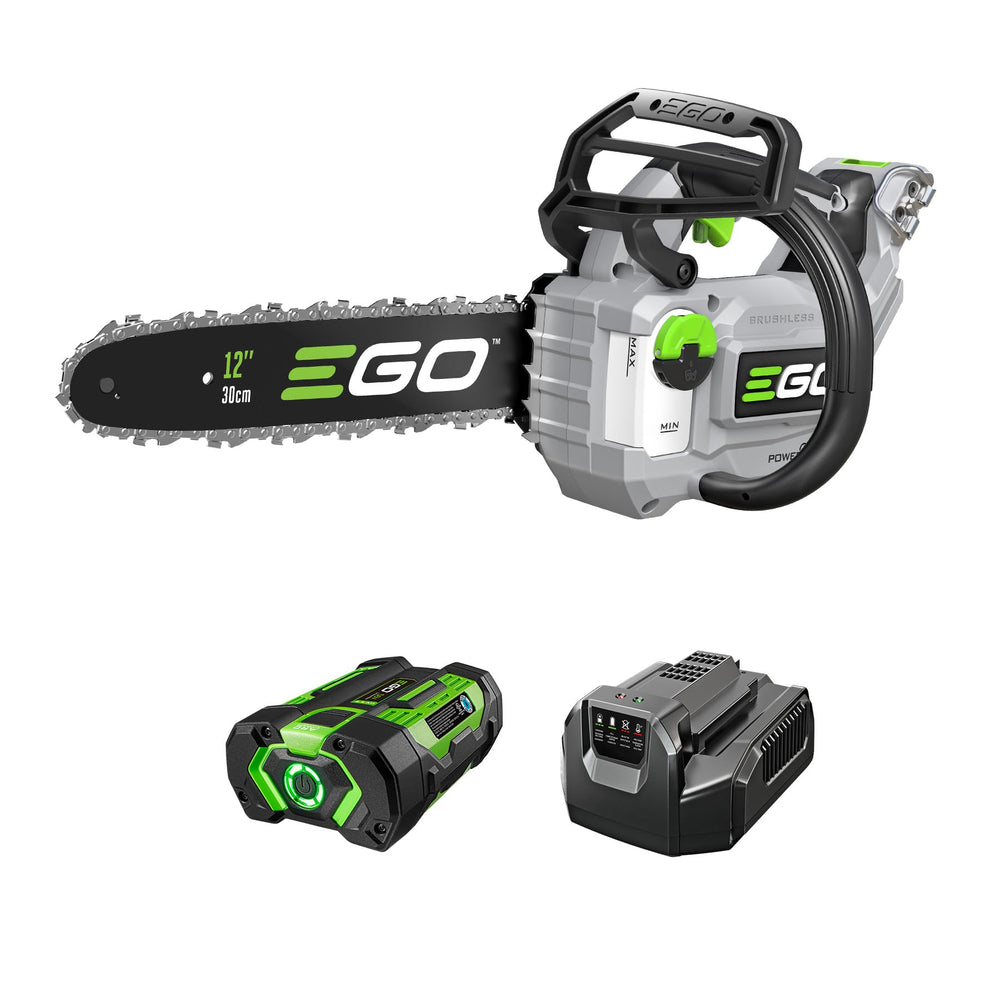 EGO Power+ CS1201 front view showing compact saw and comfortable grip benefit portability