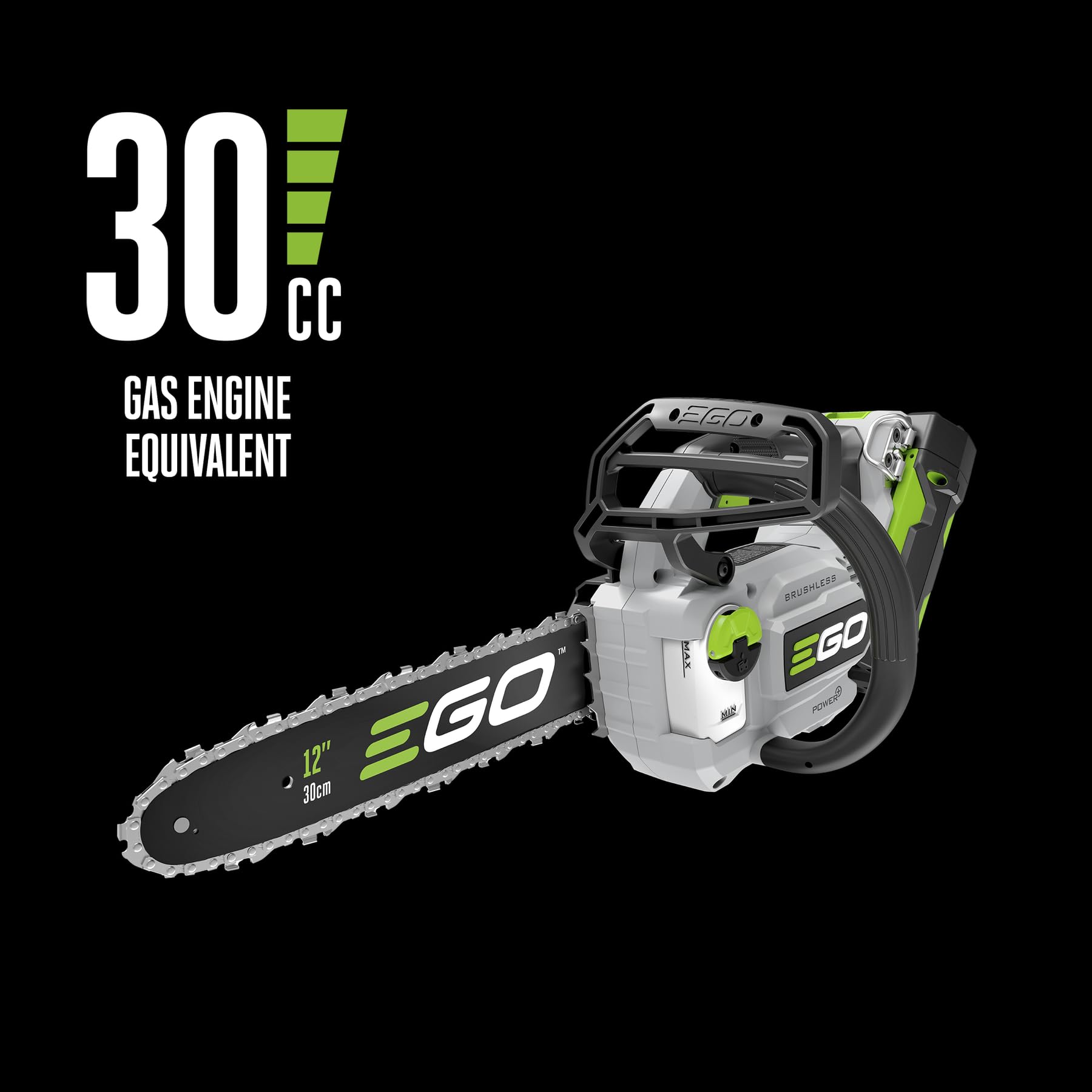 EGO Power+ CS1201 side profile illustrating lightweight balance for reduced fatigue