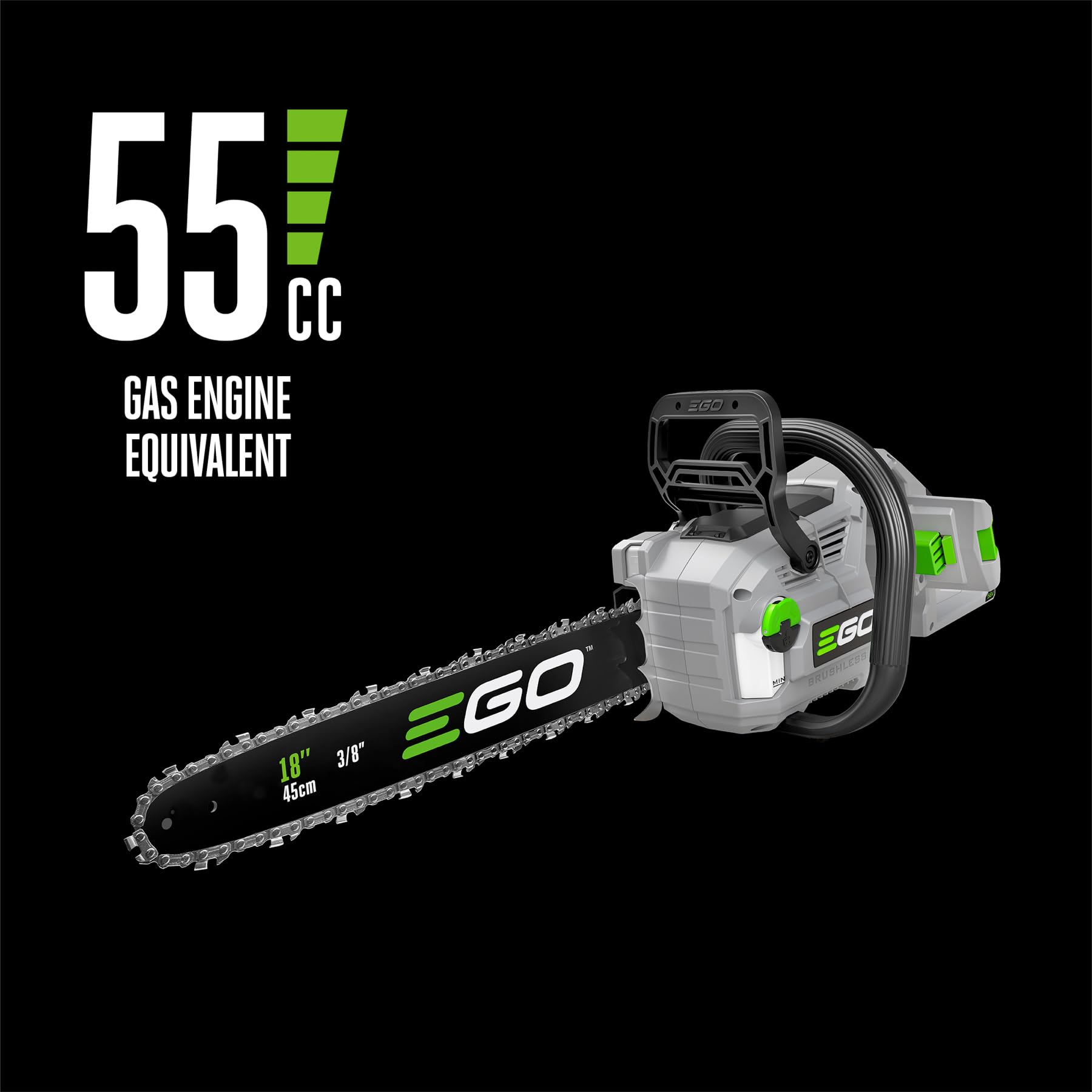 EGO Power+ close-up of 18-inch bar and chain highlighting cutting capability