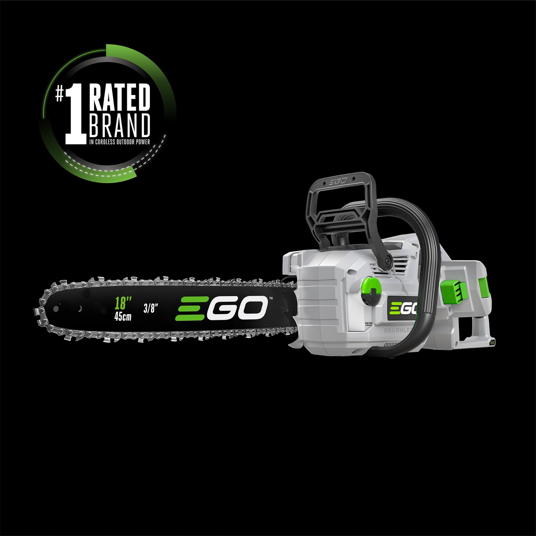 EGO Power+ in a yard with cut branches demonstrating cordless convenience