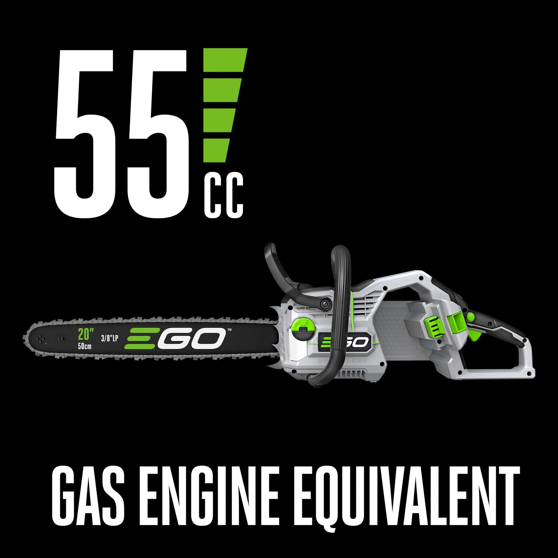 EGO POWER+ CS2000 close-up of 20-inch bar and full chisel chain for efficient cutting