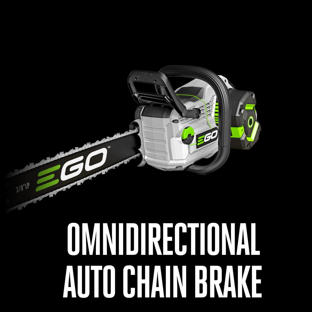 EGO POWER+ side view showing safety brake for reduced kickback risk