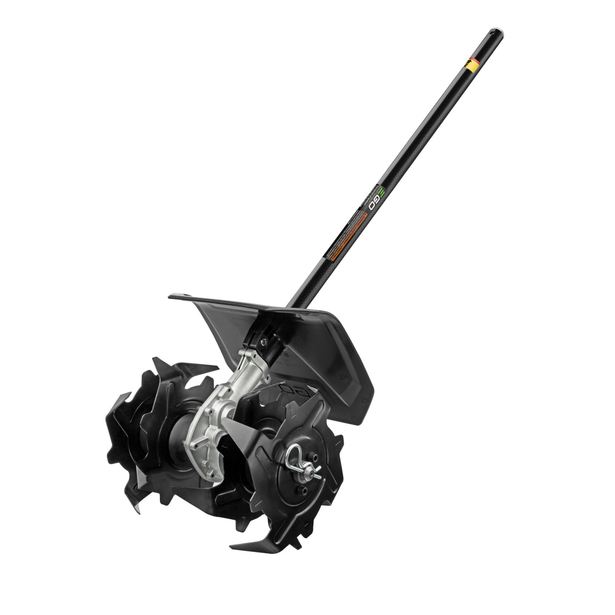 EGO Power+ cultivator attachment front view showing tines and debris guard benefit