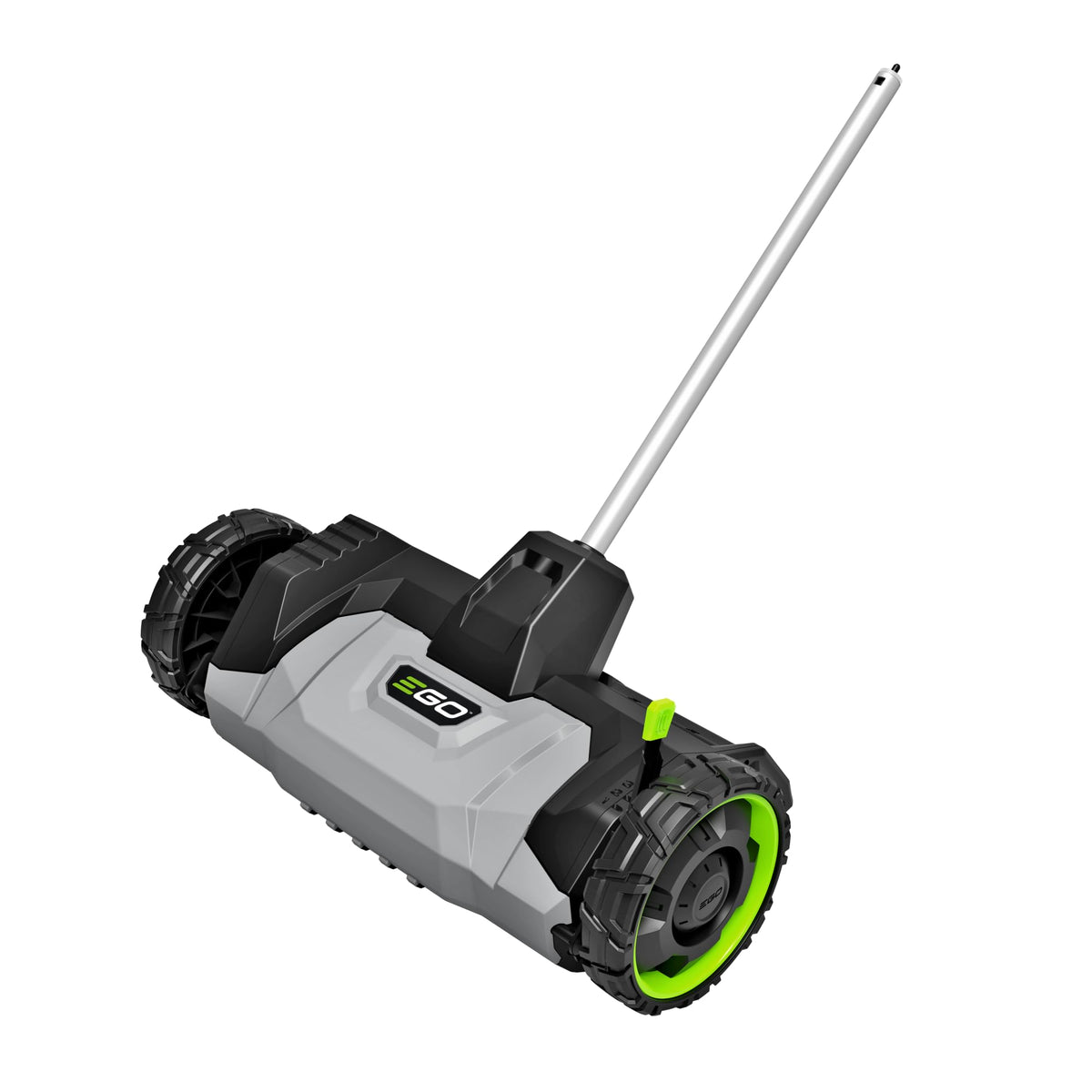 EGO Power+ front view of dethatcher attachment showing 14-inch clearing benefit