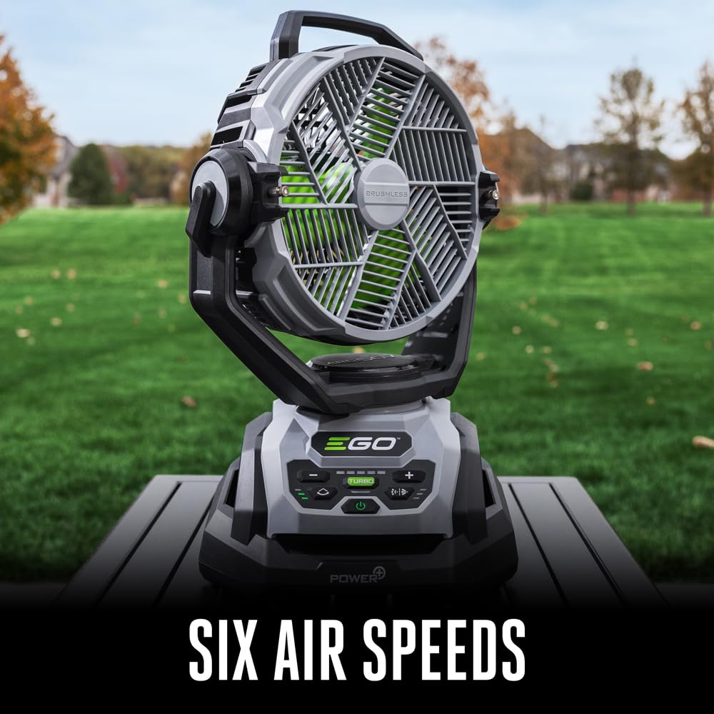 EGO Power+ in-use on a patio cooling guests for comfortable outdoor gatherings