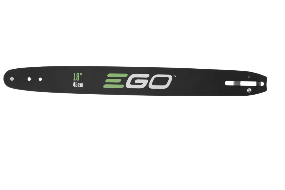 EGO Power+ front view guide bar showing length and low-kickback design benefit
