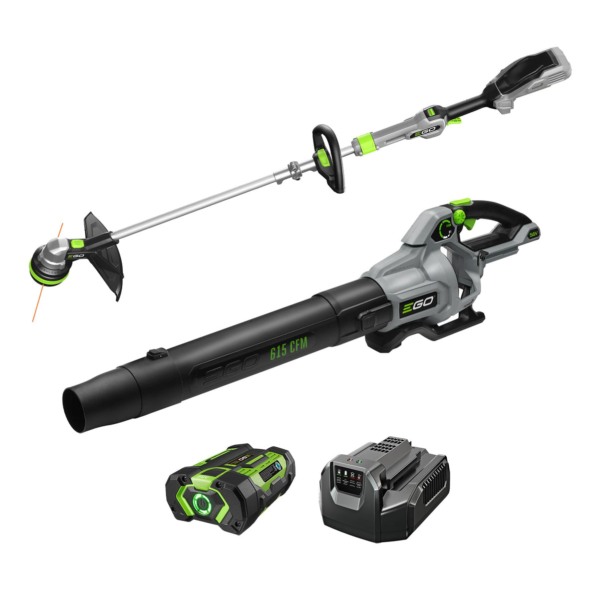 EGO Power+ front kit view showing trimmer blower and battery, convenient cordless yard care