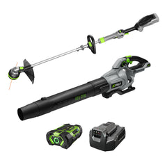 EGO Power+ front kit view showing trimmer blower and battery, convenient cordless yard care