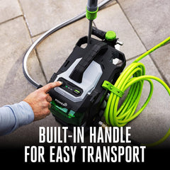 EGO Power+ siphon hose drawing water from a bucket for cordless on-site cleaning