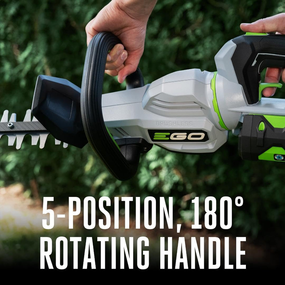EGO Power+ label and gearbox detail illustrating serviceable gearbox for easy sharpening