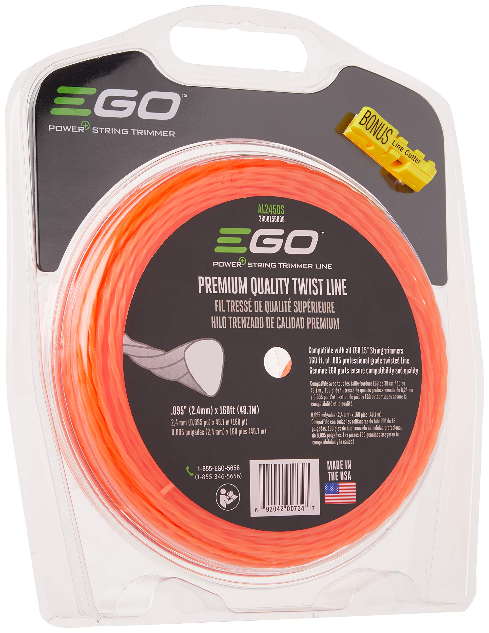 Coiled 160ft EGO Power+ line beside a ruler showing scale and bulk supply benefit