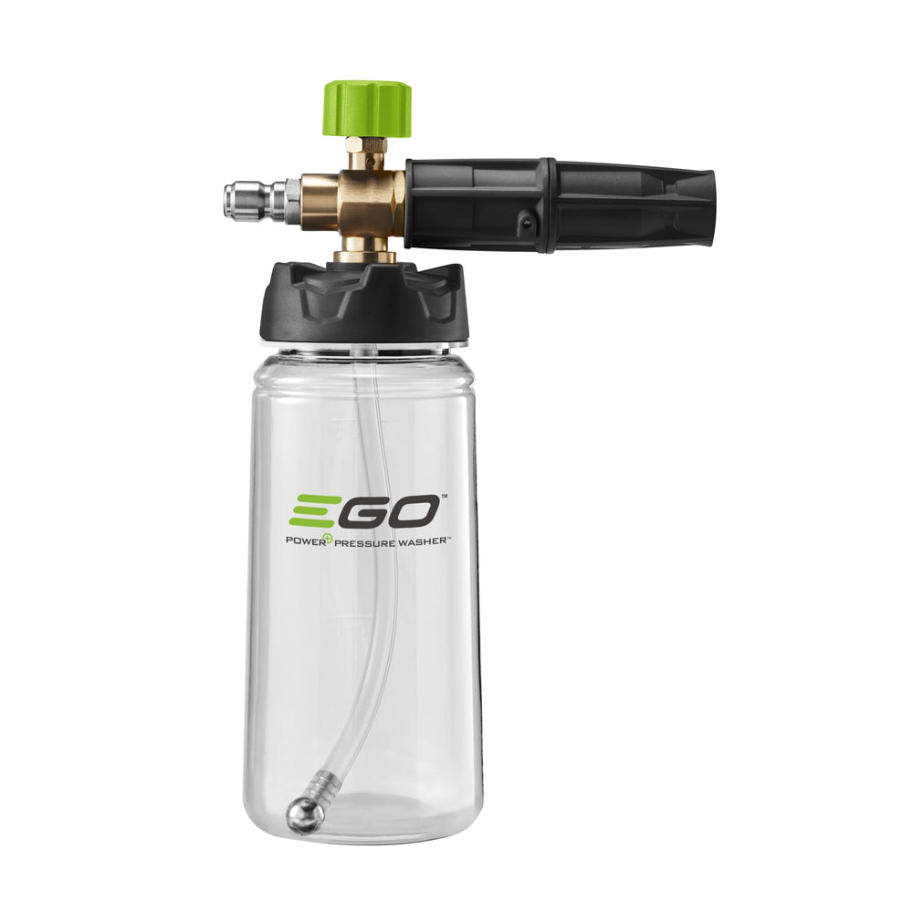 EGO Power+ foam cannon front view showing brass head and durable build for consistent foam