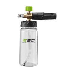 EGO Power+ foam cannon front view showing brass head and durable build for consistent foam