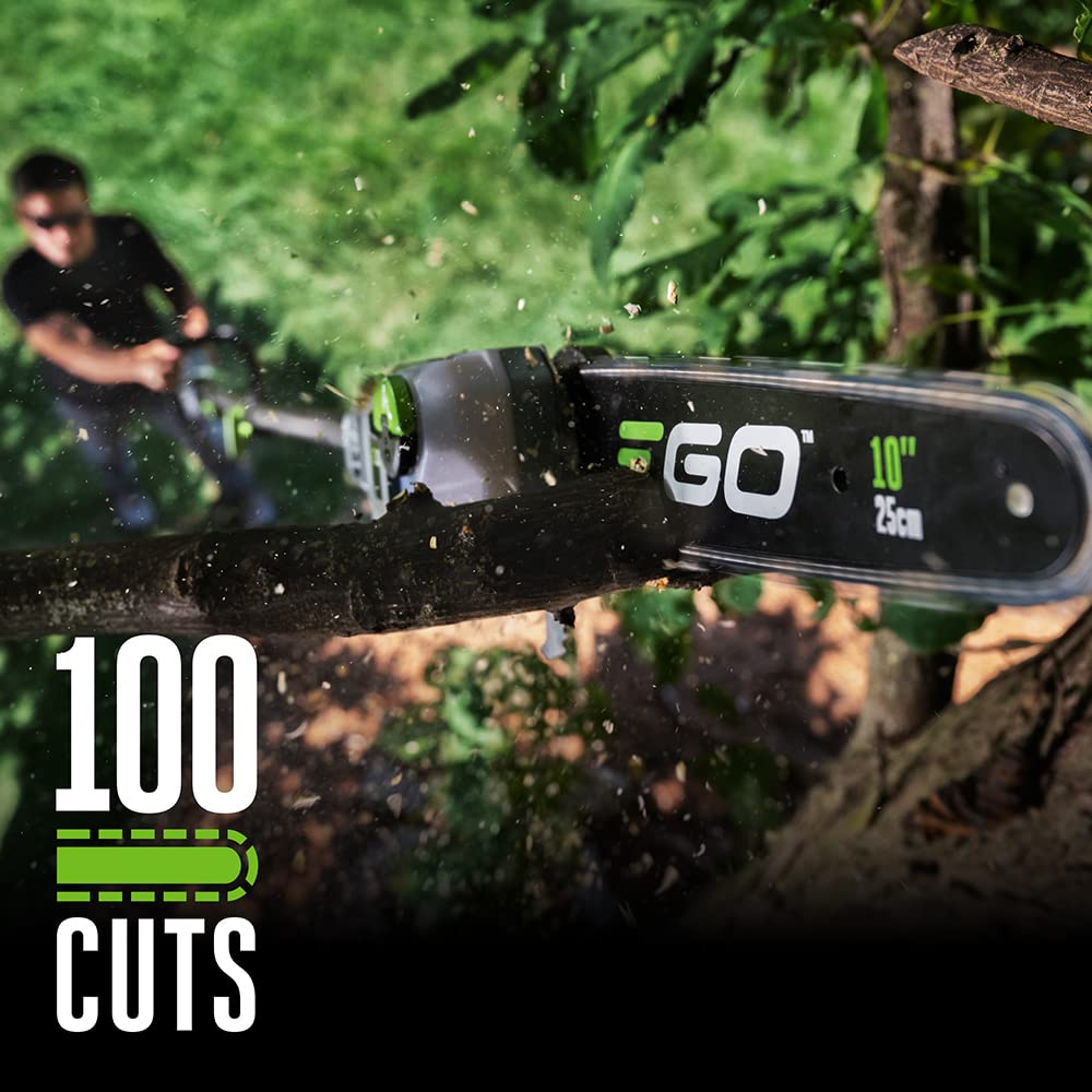 EGO Power+ 10-inch bar and chain closeup showing smooth cutting teeth