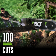 EGO Power+ 10-inch bar and chain closeup showing smooth cutting teeth