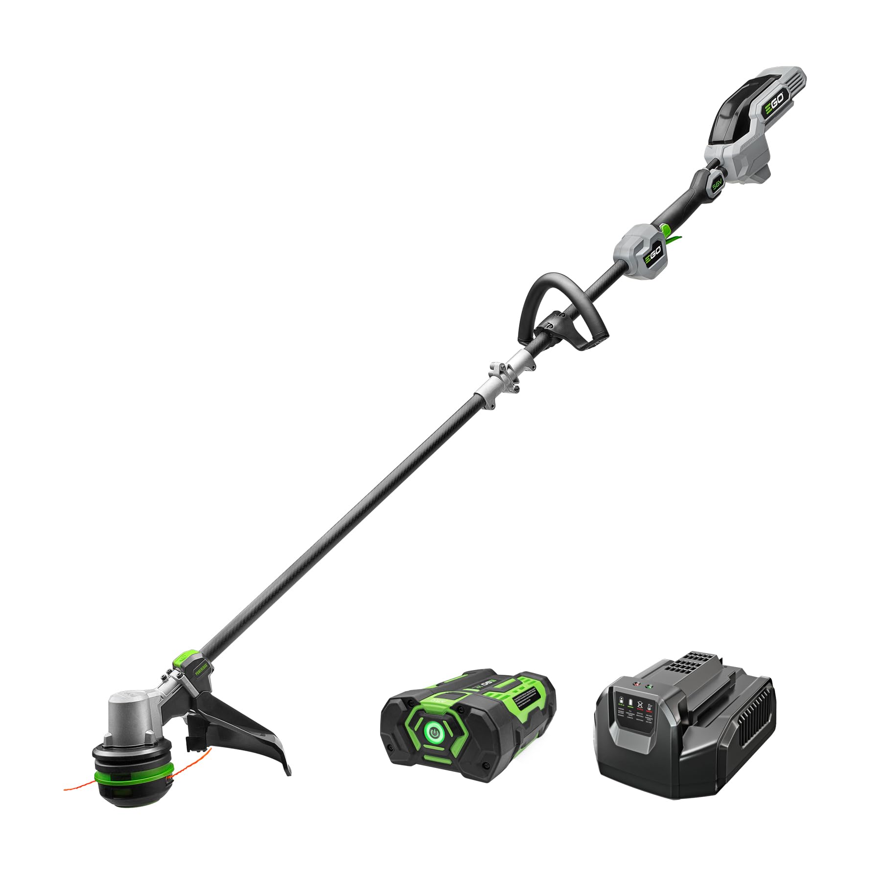 EGO Power+ trimmer front view showing cutting head and swath benefit