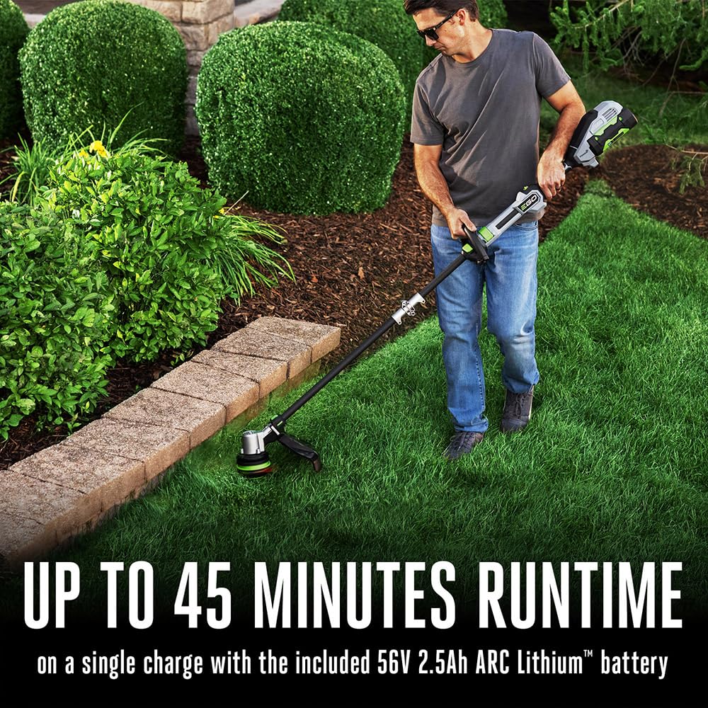 EGO Power+ trimmer in use on lawn demonstrating clean-edge trimming benefit