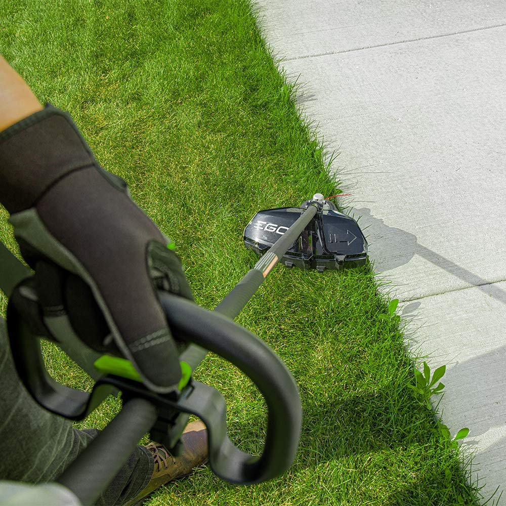 EGO Power+ trimmer in use by landscaper showing quiet powerful cordless performance