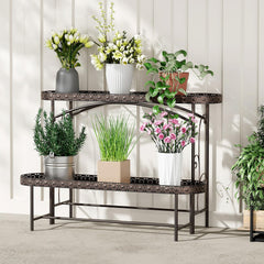 EHONXI front view of vintage black plant stand showing dual tiers and decorative appeal