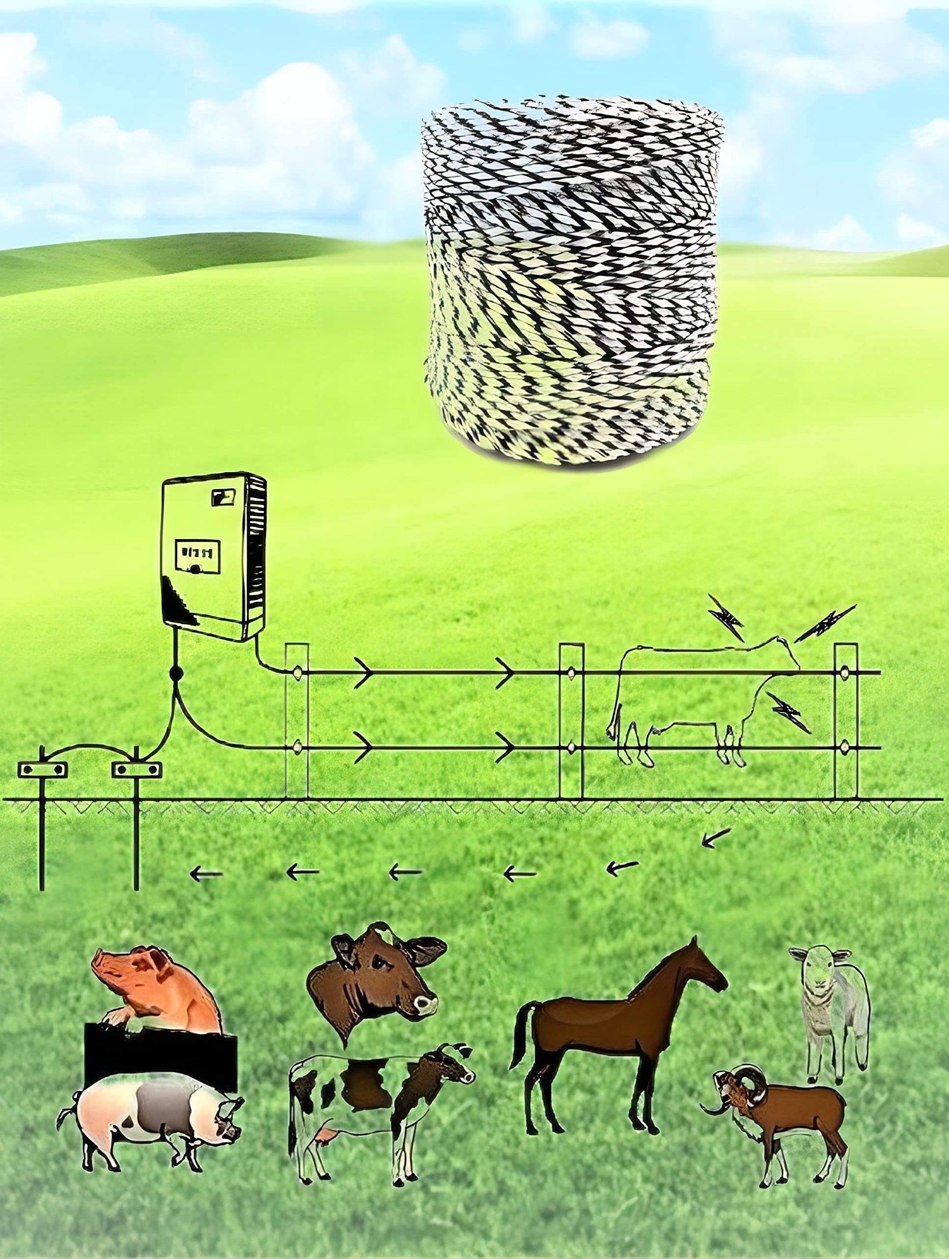EhuI polywire in pasture with livestock showing secure temporary containment