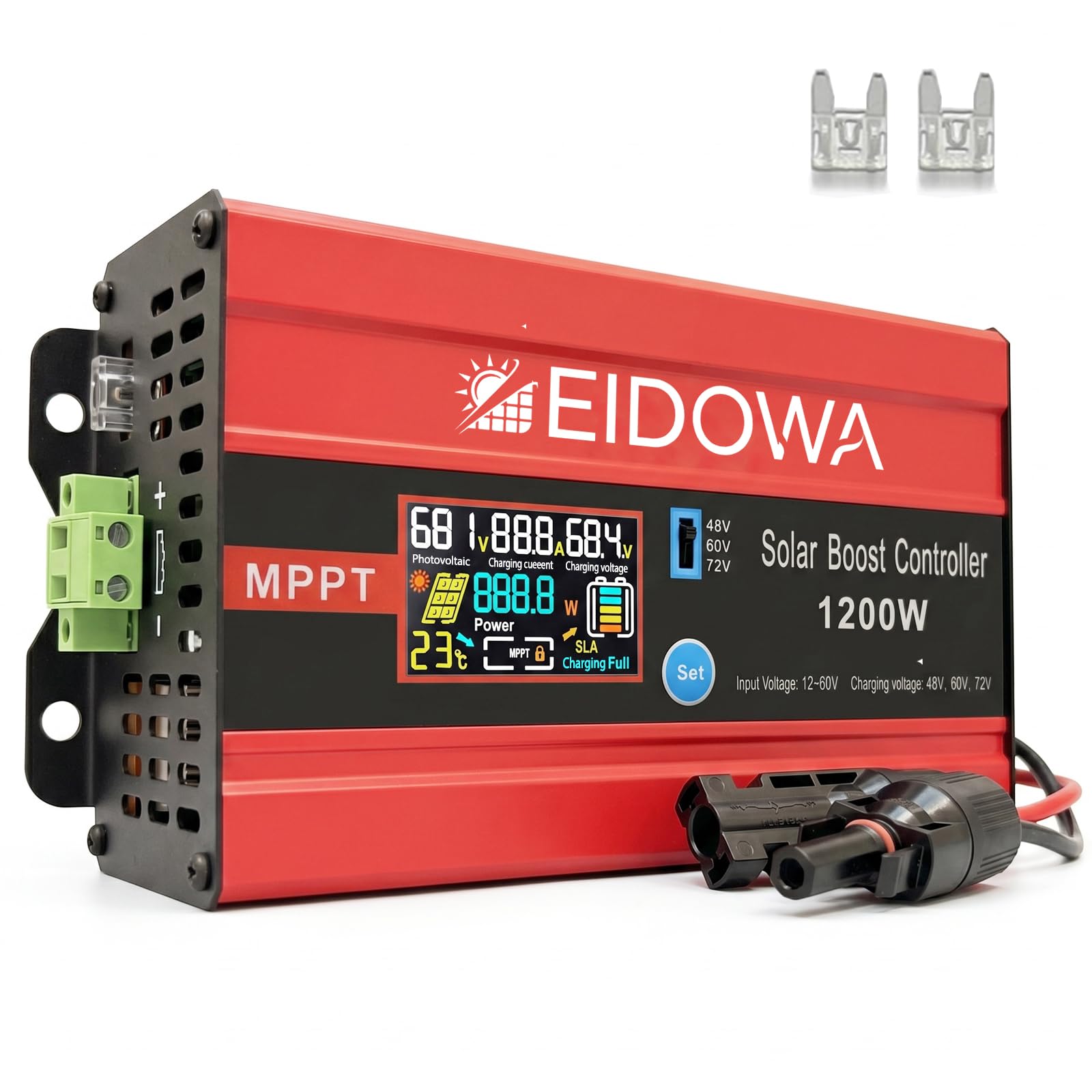 EIDOWA front panel LCD showing real-time charging data and clarity benefit