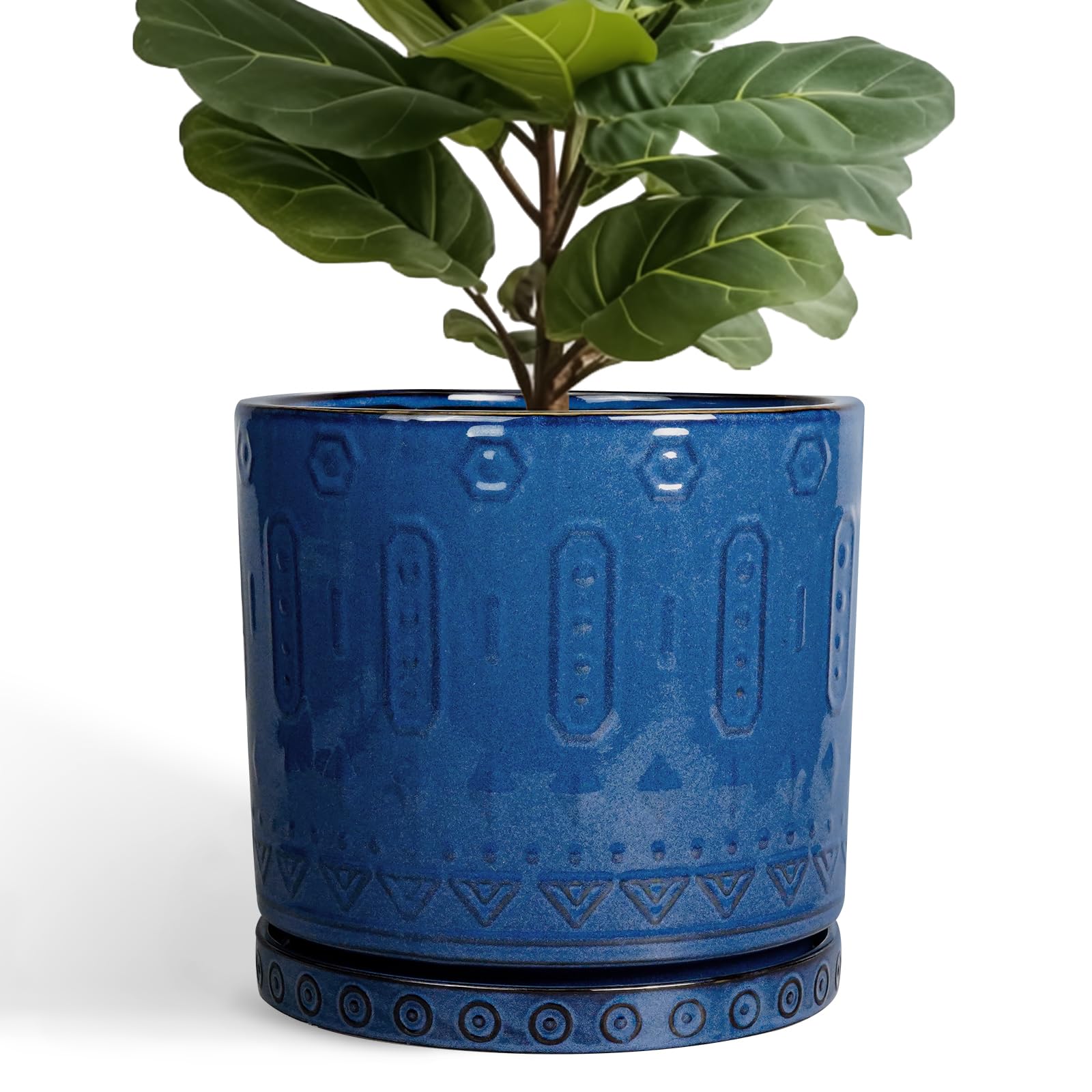 Eightpot front view of blue 12-inch planter highlighting shape and pattern, attractive display