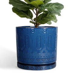Eightpot front view of blue 12-inch planter highlighting shape and pattern, attractive display