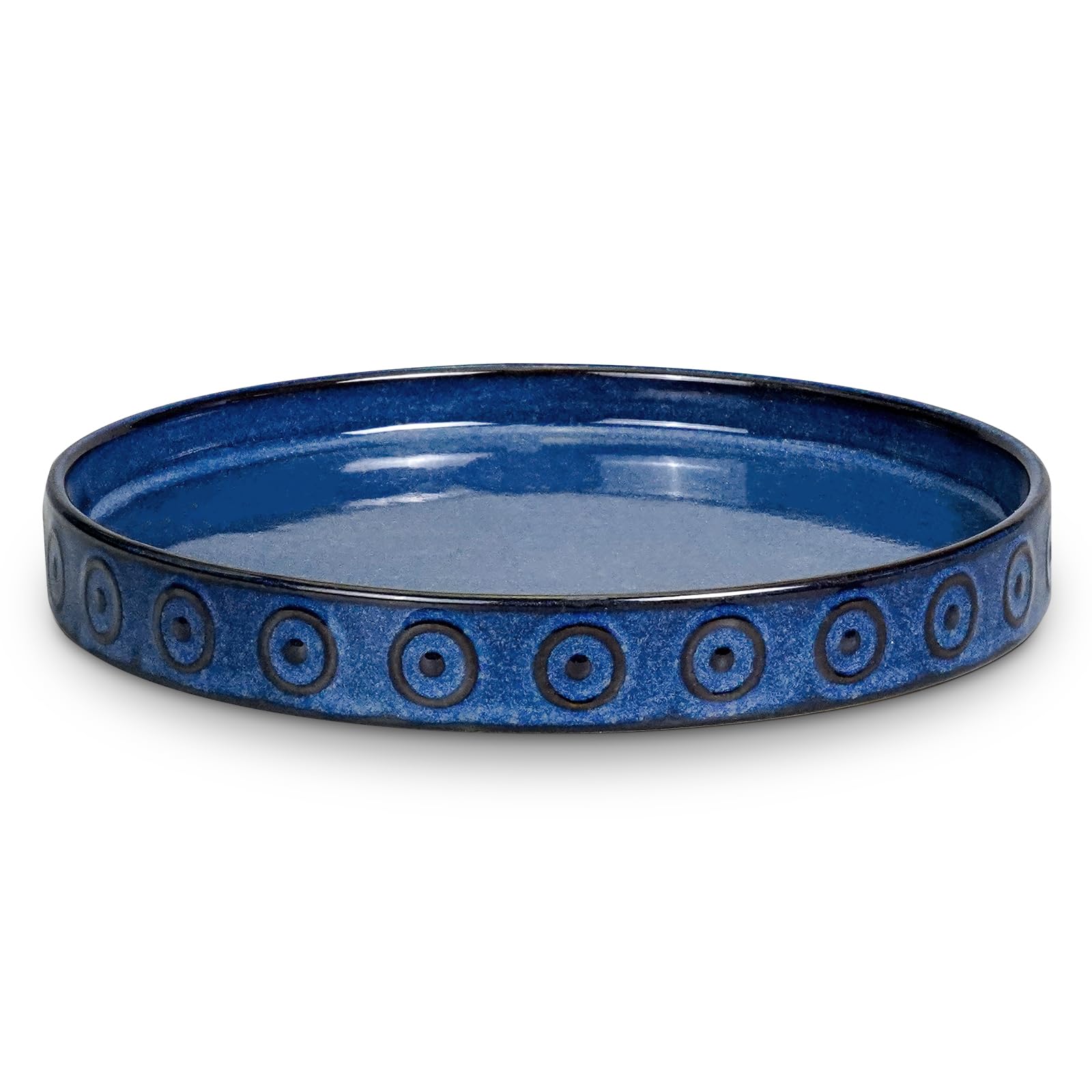 Eightpot front view of blue ceramic saucer shows protective rim and neat finish