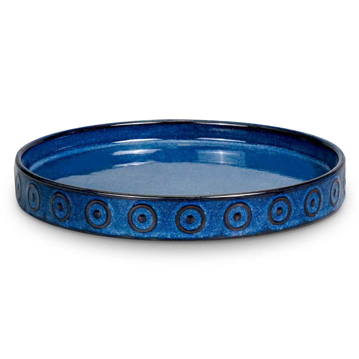 Eightpot front view of blue ceramic saucer shows protective rim and neat finish