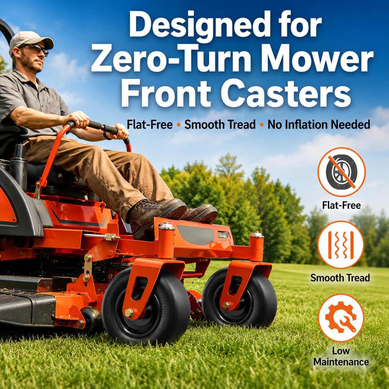 Eiictneh in-field on zero-turn mower demonstrating turf-friendly rolling