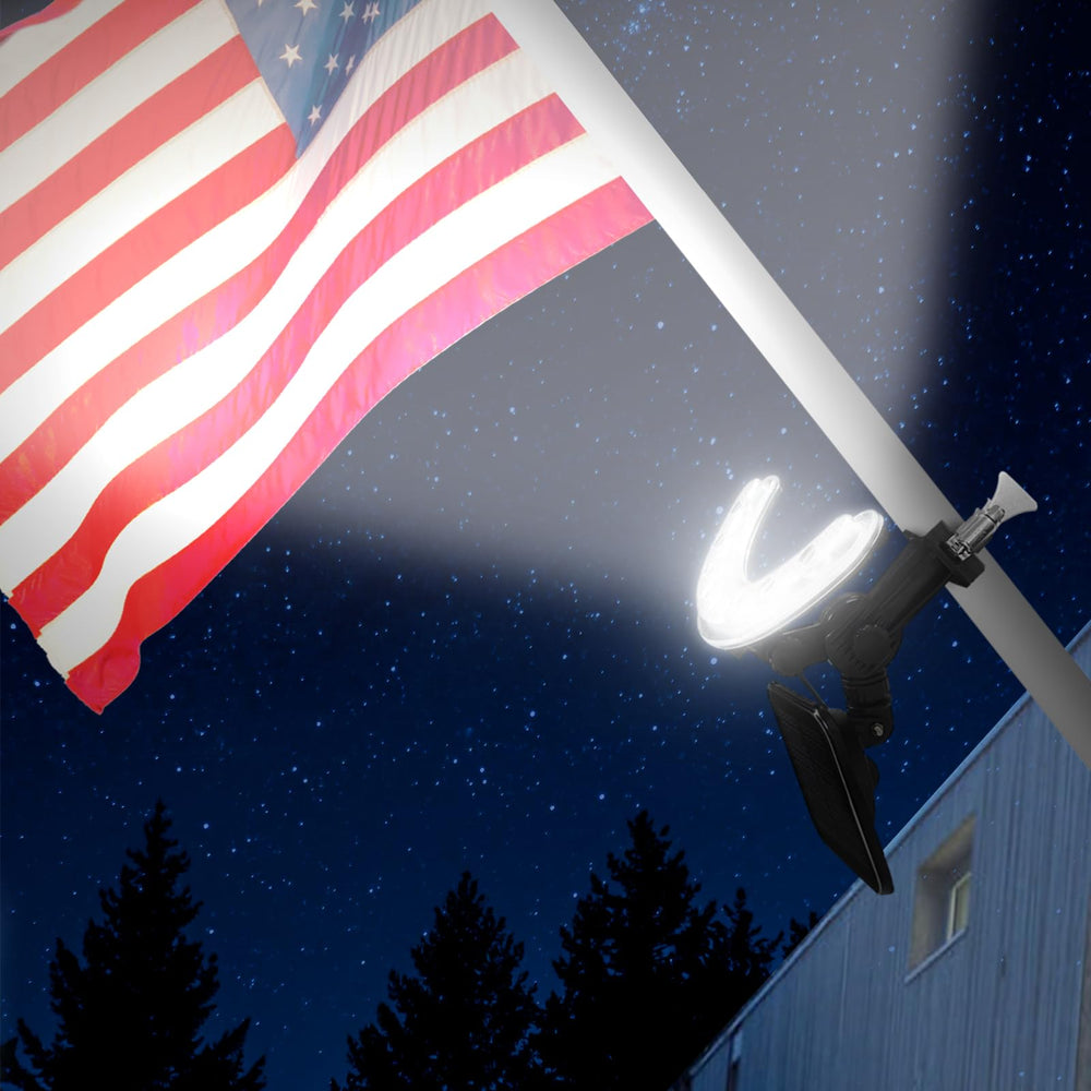Einsamk front view of assembled flagpole light showing compact design and bright output