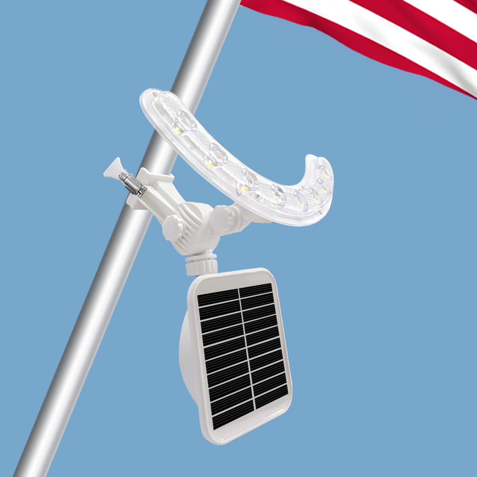 Einsamk front view of flagpole light showing compact design and bright output