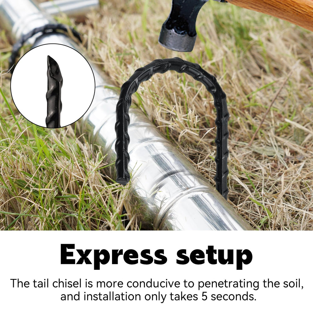 EISENSP stakes driven into soil holding chainlink fence firmly in place
